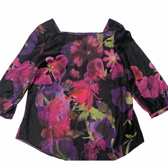 RW&Co. Black Floral Silky 3/4 Sleeve Lightweight Square Neckline Top Blo… - Picture 1 of 5